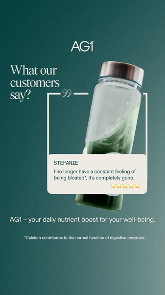 A vertical 9:16 testimonial ad featuring a customer review overlaying a green product drink bottle, focusing on digestive health.